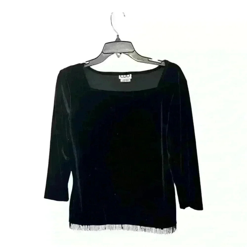 Vintage Clio Black Velvet Beaded Fringe Top, M